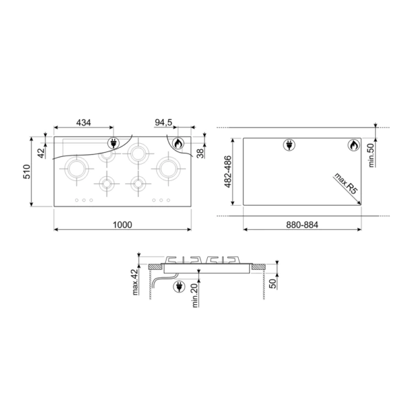 Płyta gazowa do zabudowy SMEG PVL6106CN 100 cm Czarne szkło - Rysunek techniczny