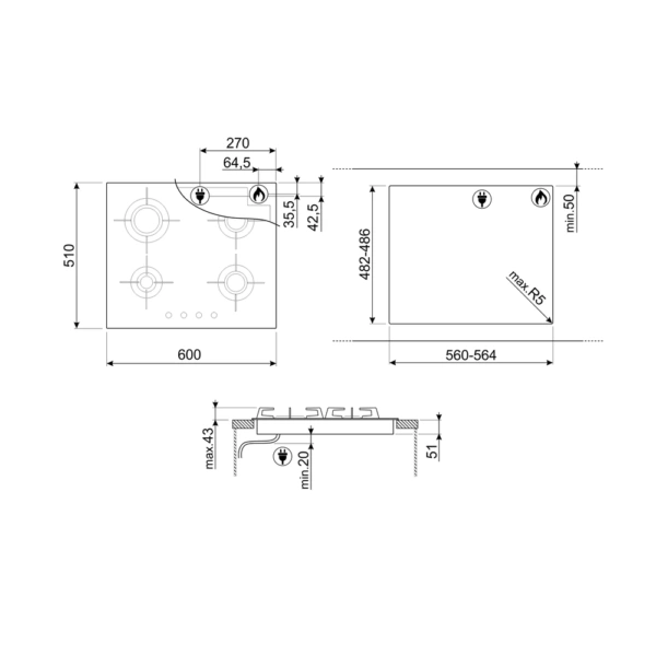 Płyta gazowa do zabudowy SMEG PVL664CN 60 cm Czarne szkło - Rysunek techniczny