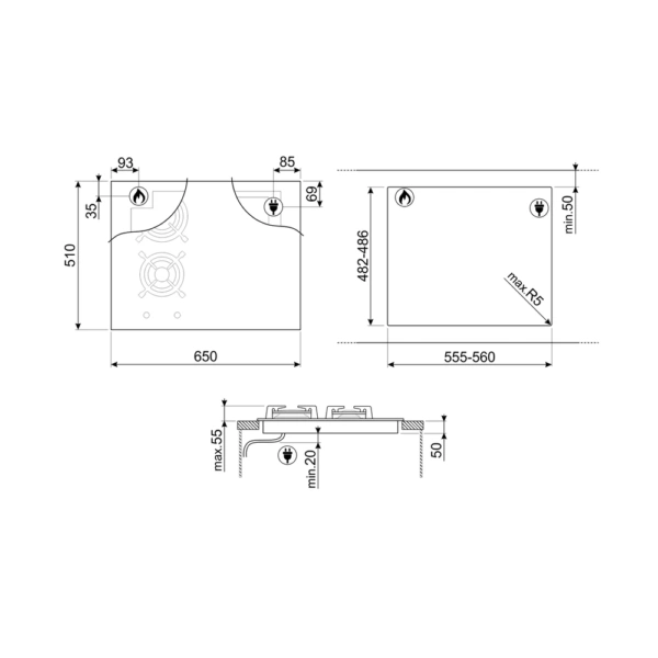 Płyta gazowo-indukcyjna do zabudowy SMEG PM6643R 65 cm Czarne szkło + miedź - Rysunek techniczny
