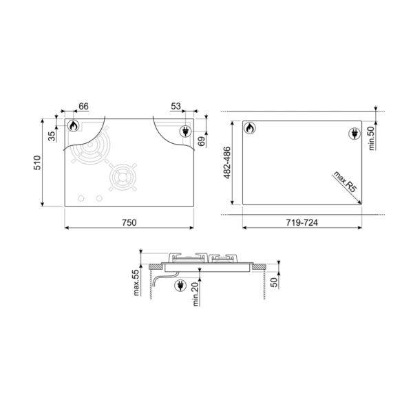 Płyta gazowo-indukcyjna do zabudowy SMEG PM6743R 75 cm Czarne szkło + miedź - Rysunek techniczny