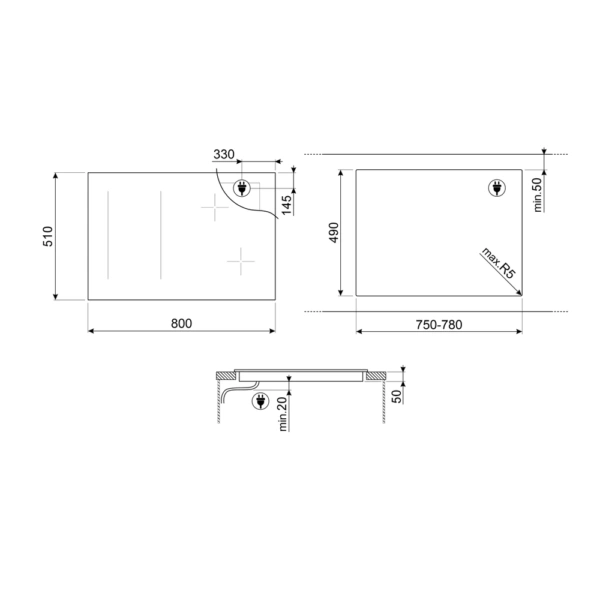 Płyta indukcyjna do zabudowy SMEG SIM6864R 80 cm Czarne szkło + miedź - Rysunek techniczny