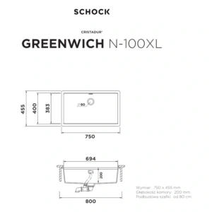 Zlewozmywak SCHOCK GREENWICH N-100XL Polaris CRISTADUR® - Rysunek techniczny