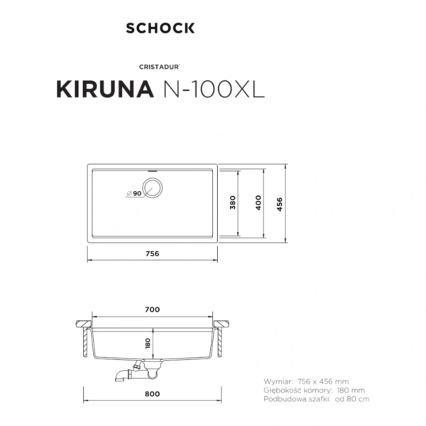 Zlewozmywak SCHOCK KIRUNA N-100XL IVY CRISTADUR - Rysunek techniczny