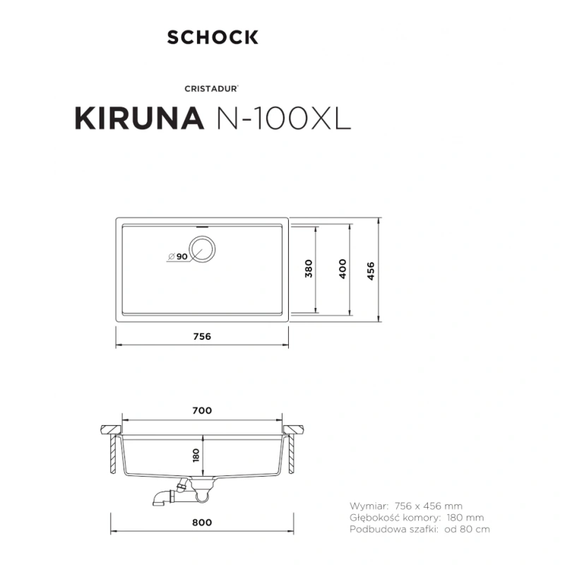 Zlewozmywak SCHOCK KIRUNA N-100XL IVY CRISTADUR - Rysunek techniczny