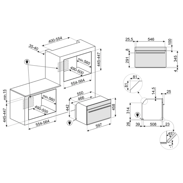 Kompaktowy piekarnik parowy z mikrofalą do zabudowy SMEG SO4106WAPG Omnichef Neptune Grey - Rysunek techniczny 1