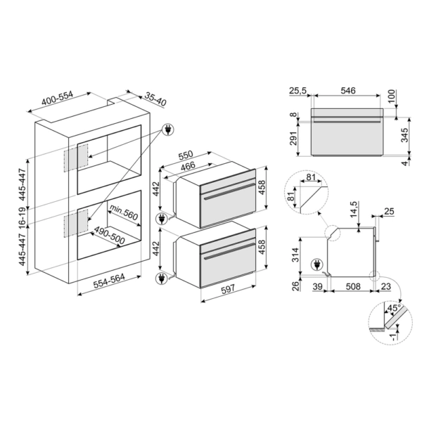 Kompaktowy piekarnik parowy z mikrofalą do zabudowy SMEG SO4106WAPG Omnichef Neptune Grey - Rysunek techniczny 2