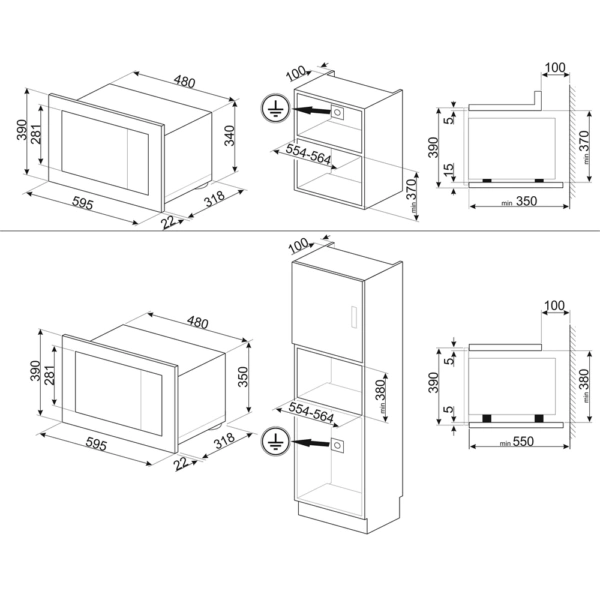 Kuchenka mikrofalowa do zabudowy SMEG FMI120G Neptune Grey - Rysunek techniczny