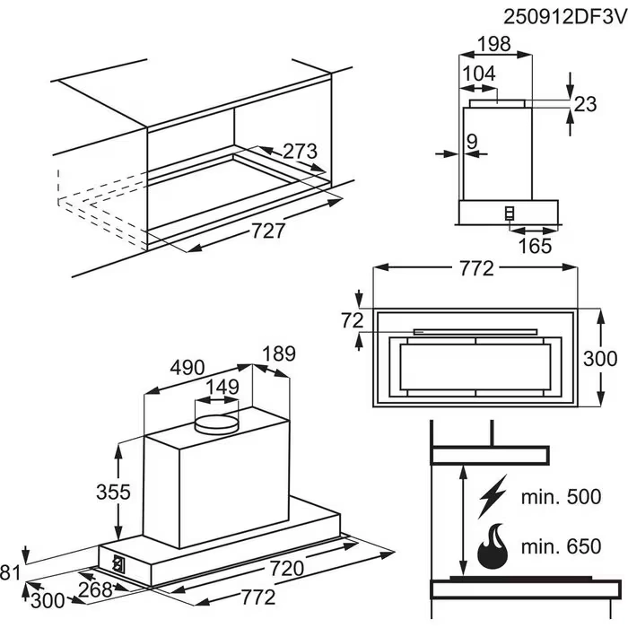 Okap zintegrowany do zabudowy Electrolux LFG818K AutoSense Hob2Hood Breeze 80 cm Czarny 900 - Schemat zabudowy
