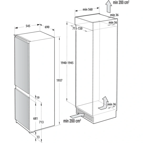 Chłodziarko-zamrażarka do zabudowy Gorenje NRKI619D61WFE NoFrost G600 193,6 cm - Schemat zabudowy