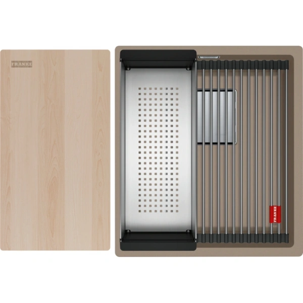 Zlewozmywak Franke Kanon KNG PRO 110-37 Cappuccino Fragranite 125.0749.647 wraz z dodatkami w komplecie: wkładka ociekowa + rollmata + drewniana deska kuchenna