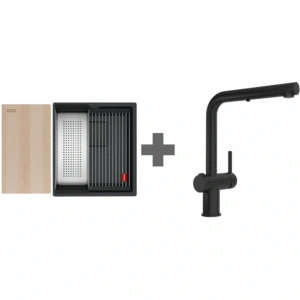 Zlewozmywak Franke Kanon KNG PRO 110-37 Czarny mat/Czarny odpływ (w komplecie: wkładka ociekowa + rollmata + drewniana deska kuchenna) + Bateria zlewozmywakowa Franke Active L Twist wyciągana wylewka z funkcją prysznica Czarny mat