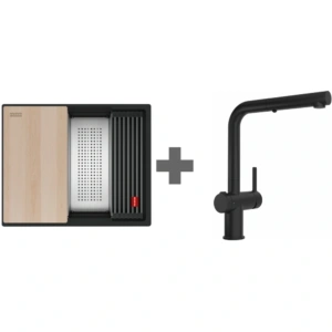 Zlewozmywak Franke Kanon KNG PRO 110-52 Czarny mat/Czarny odpływ (w komplecie: wkładka ociekowa + rollmata + drewniana deska kuchenna) + Bateria zlewozmywakowa Franke Active L Twist wyciągana wylewka z funkcją prysznica Czarny mat
