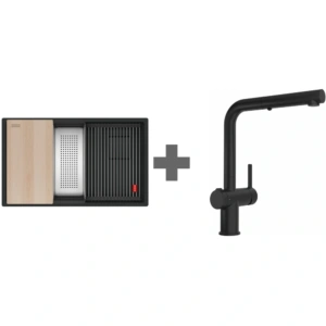 Zlewozmywak Franke Kanon KNG PRO 160-46-21 Czarny mat/Czarny odpływ (w komplecie: wkładka ociekowa + rollmata + drewniana deska kuchenna) + Bateria zlewozmywakowa Franke Active L Twist wyciągana wylewka z funkcją prysznica Czarny mat